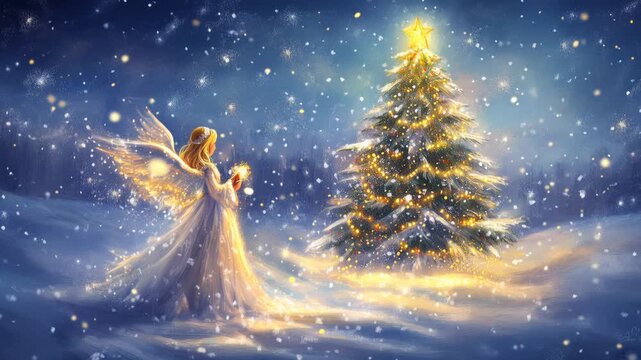 Caucasian angel decorating snowy Christmas tree, placing holly wreath near glowing golden ornaments during gentle snowfall. Vintage evening scene with soft