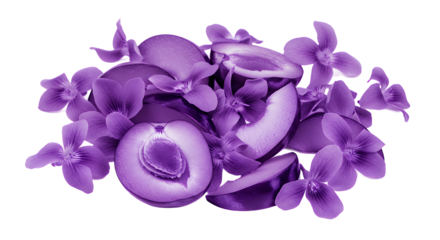 Beautifully arranged plums and delicate purple flowers creating a vibrant and fresh composition