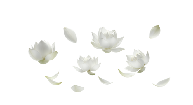 A serene arrangement of delicate white lotus flowers and scattered petals floating gracefully, symbolizing purity, peace, and natural beauty against a clear, pristine backdrop