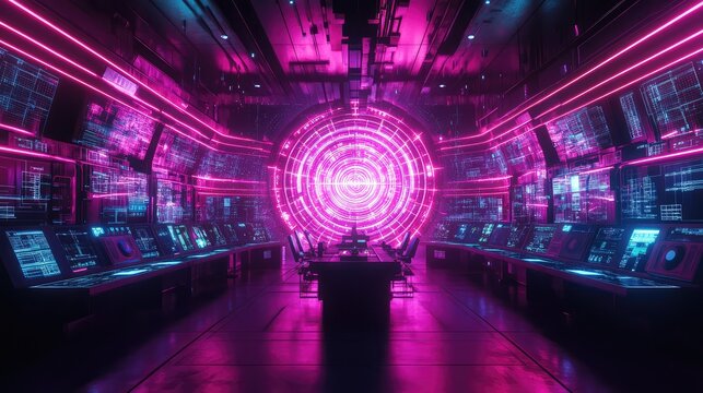 Futuristic control room managing data streams and portal technology