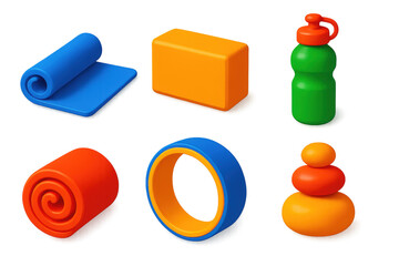 Set of six different colored toys, including a blue yoga mat