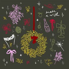 Hand drawn sketch elegant delicate cute winter Christmas elements wreath
