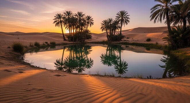Desert oasis with palm trees and reflection