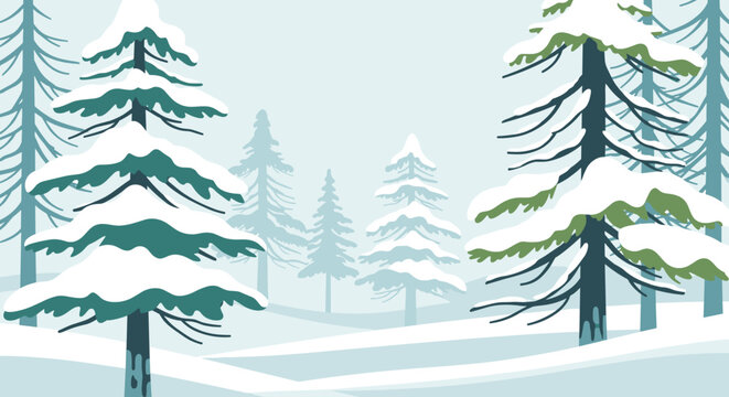 Stylized illustration of a tranquil winter forest with snow-covered pine trees.