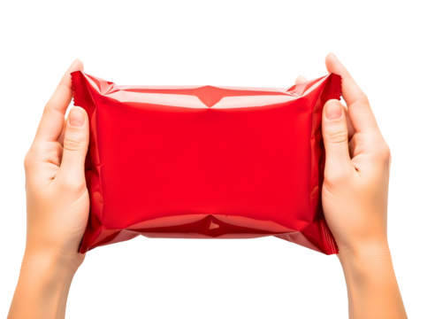 Hands holding a red wrapped package isolated on transparent background