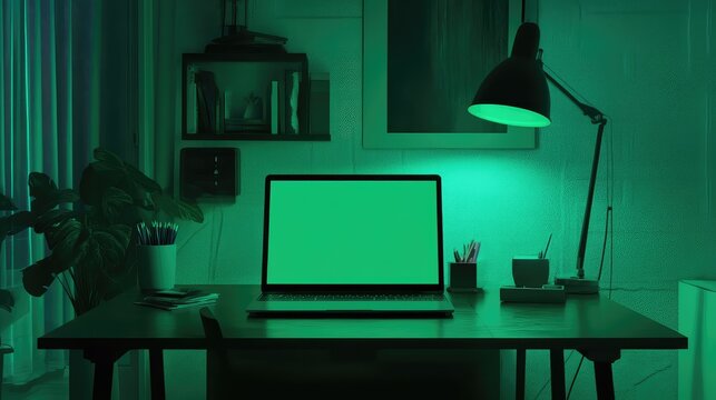 Laptop with green screen displaying new technology on desk at night