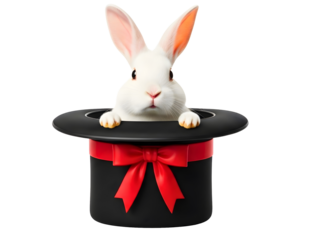 White rabbit appearing from a black top hat isolated on transparent background