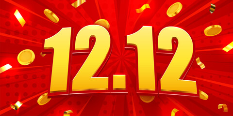 12.12 Global Shopping Festival Sale. Vibrant banner for big promotion with flying golden coins and confetti. Vector illustration