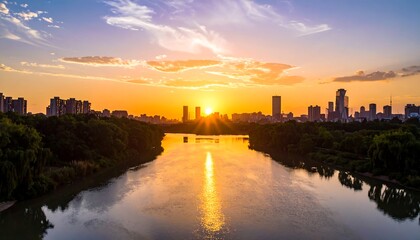 Fototapeta premium City skyline silhouette at sunset with a calm, reflecting river