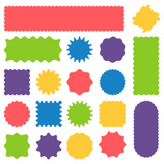 Set round and oval, rectangular and square, arch shapes with curvy edges. Cute geometric forms with scalloped borders. Empty textboxes, stickers, tags or labels.