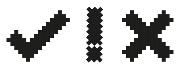 Set of check mark, exclamation mark and cross in pixel art. Checklist sign or approval icon.
