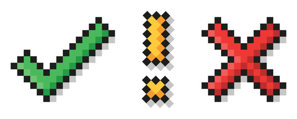 check mark, exclamation mark and cross. Pixel art. © kashurin