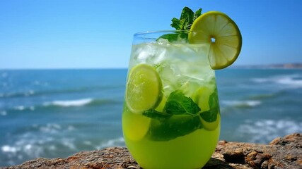 Refreshing cocktail drink with lime and mint near ocean on sunny day - Powered by Adobe