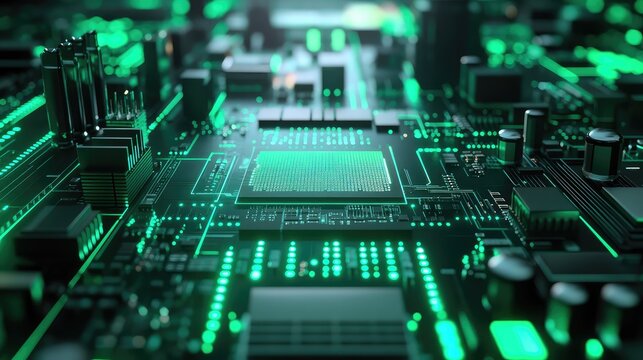 Circuit board with glowing lines conveying data processing
