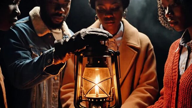 Group of faceless figures sharing light from a lantern.