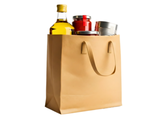 Brown paper grocery bag filled with food items isolated on transparent background