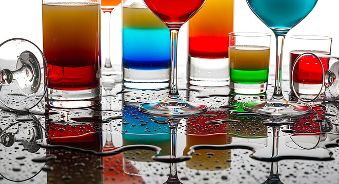 Variety of Colorful Alcoholic Drinks and Shots Arranged on Wet Reflective Surface with Glassware Creating Vibrant Visual Display for Beverage Concepts and Refreshment