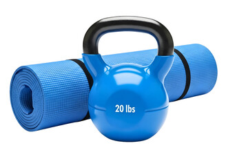 Blue kettlebell and yoga mat isolated on transparent background