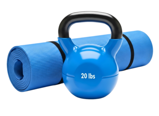 Blue kettlebell and yoga mat isolated on transparent background