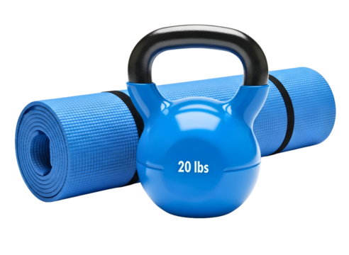 Blue kettlebell and yoga mat isolated on transparent background