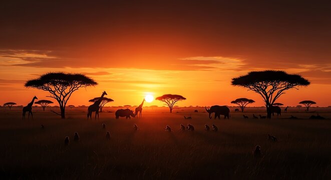African savanna sunset with giraffes and elephants - Powered by Adobe