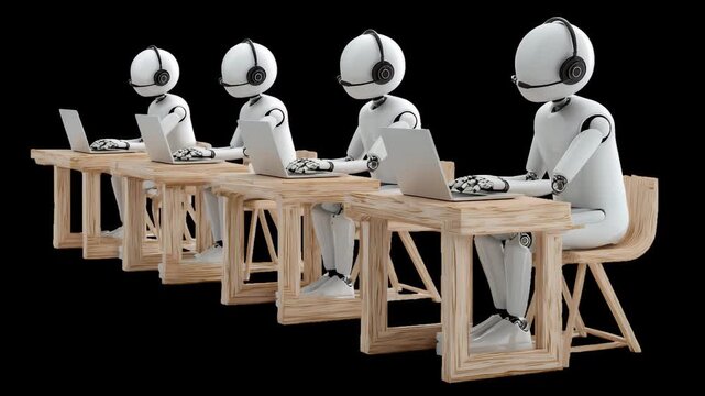Robots with headsets working on laptops at wooden desks in a row.