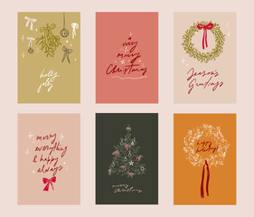 Hand drawn elegant delicate Christmas greetings cards illustrations