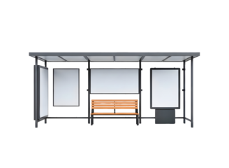 Bus stop shelter with bench and advertising space isolated on transparent background