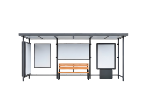 Bus stop shelter with bench and advertising space isolated on transparent background