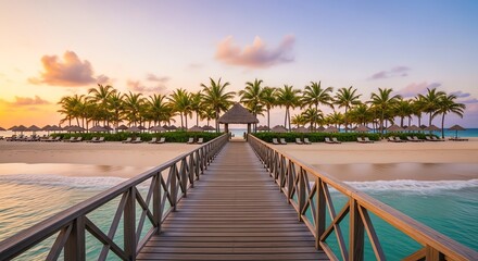 Beach with palm trees and wooden pier at sunset
