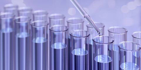 Test tubes filled with blue liquid. A pipette is dispensing a droplet. Scientific chemistry research, analysis. Laboratory setting, medicine development, biotechnology, pharmaceutical, medical lab, 3D