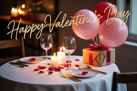 Romantic Valentine's Day dinner setup with gifts and balloons for celebrating love and creating magical memories together