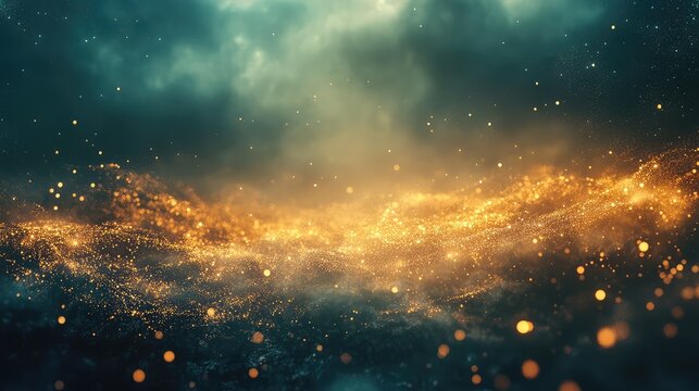 Golden particles forming luminous wave on dark background
