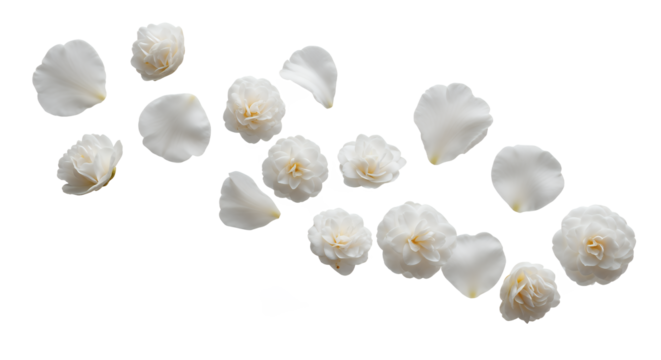 Delicate white flower petals scattered and floating gracefully against a clean white background, suggesting purity and elegance