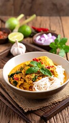 Close-up of a bowl of curry with noodles, side ingredients