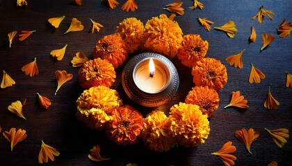 Diwali Celebration Lighting A Traditional Oil Lamp Surrounded By Marigold Flowers
