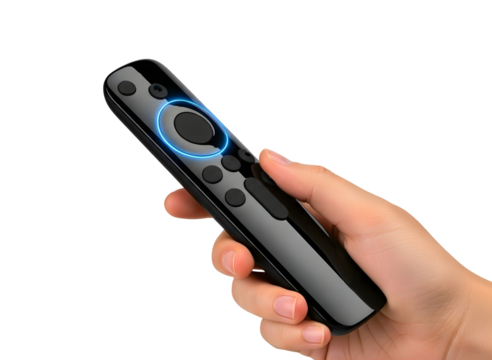 Hand holding a modern black remote control isolated on transparent background