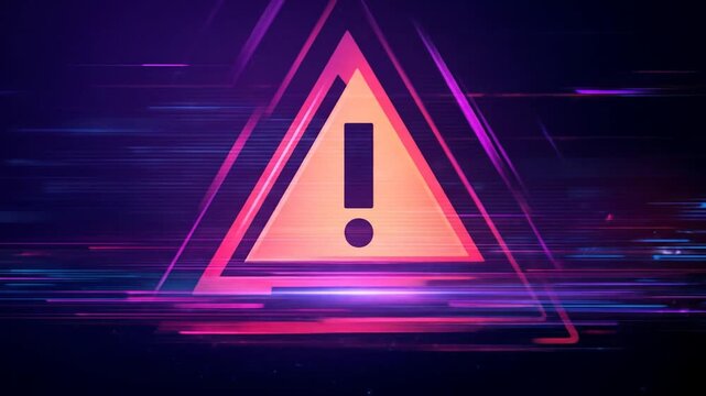 Abstract digital warning sign with glowing neon lines and glitch effects. Futuristic cyber security alert symbol and error background.