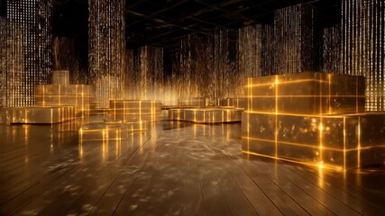 Futuristic abstract digital landscape with glowing golden cubes and illuminating data streams on a reflective surface. - Powered by Adobe