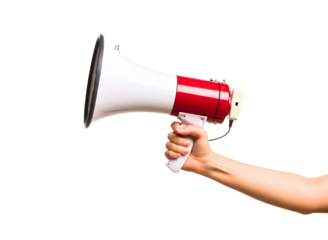 Hand holding a red and white megaphone isolated on transparent background