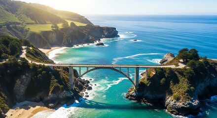 Coastal bridge landscape with ocean and green hills