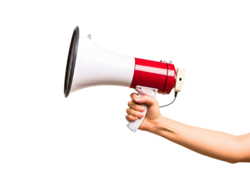 Hand holding a red and white megaphone isolated on transparent background