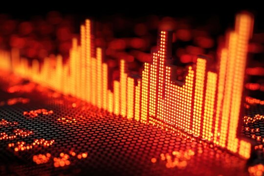 Illuminated Waveform in Deep Red: A close-up view of an illuminated digital waveform, aglow with a striking deep red hue, representing the dynamic flow of data.