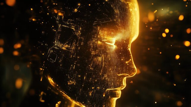 Artificial intelligence robot head glowing with circuit patterns