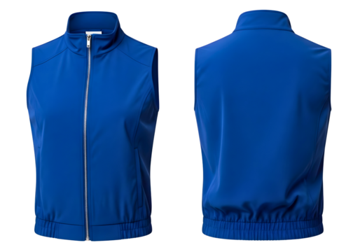 Blue fleece vest front and back views isolated on transparent background - Powered by Adobe