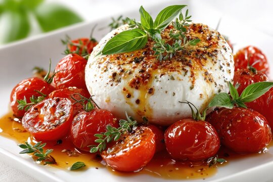Delectable Burrata Delight: A gourmet presentation of creamy burrata cheese artfully accompanied by vibrant roasted cherry tomatoes, garnished with fresh basil leaves.