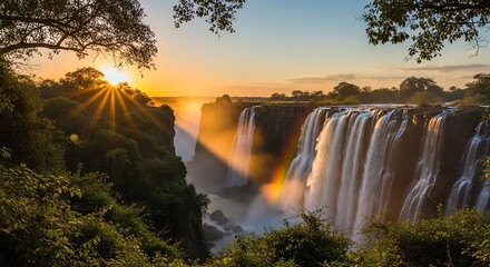 Victoria Falls sunset with lush vegetation