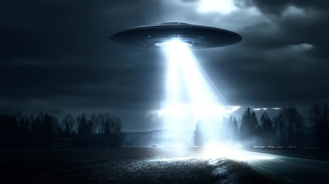 Mysterious UFO flying saucer with glowing light beam descending at night over a dark, eerie rural landscape. Extraterrestrial sci-fi concept.