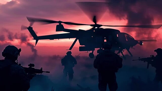 Silhouettes of soldiers on a battlefield witnessing multiple reconnaissance drones morphing into an attack helicopter against a dramatic, smoky sunset sky during a covert military operation
