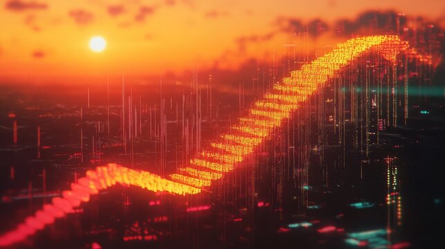 Digital arrow showing growth, data, finance, and success at sunrise